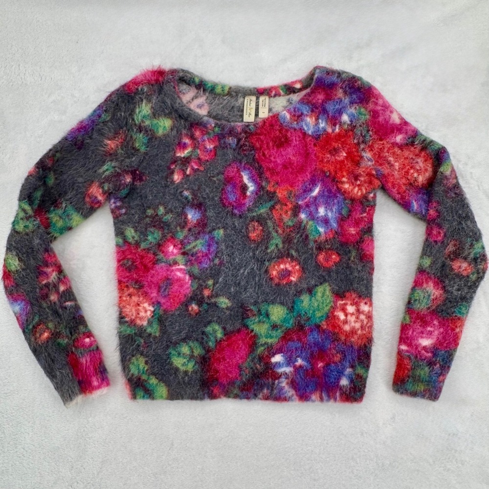 Meadow Rue Anthropologie Ariel Floral Fuzzy Eyelash Sweater Size XS Multicolor